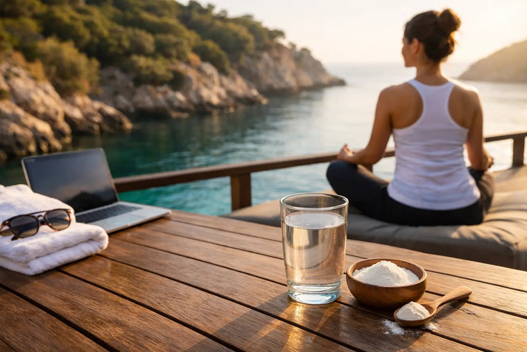 Marine collagen beside breakfast and a busy professional’s daily essentials