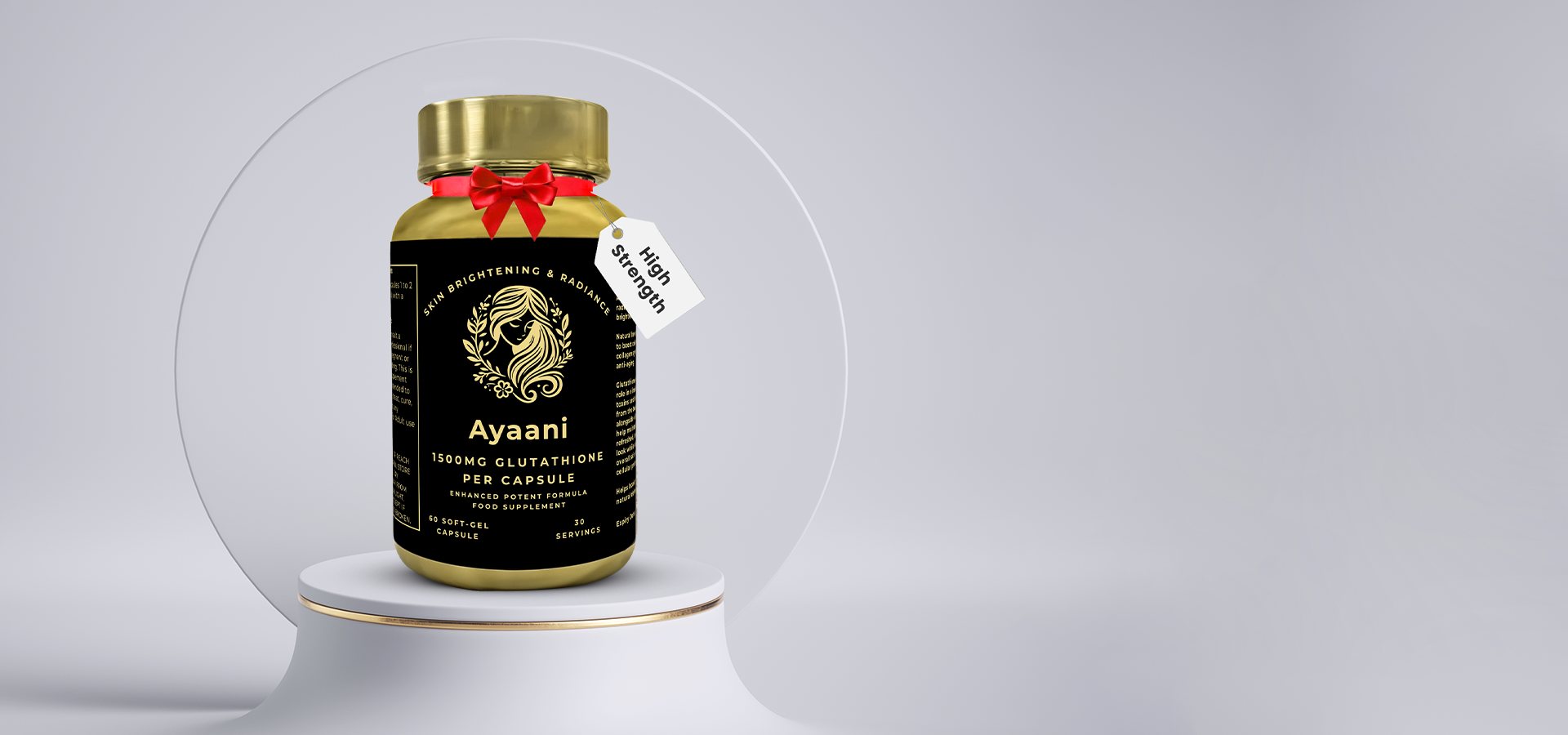 Ayaani Glutathione supplement facts panel with 15 ingredients including collagen, CoQ10, Vitamin C and berry extracts.slider_item_Pi6cw4