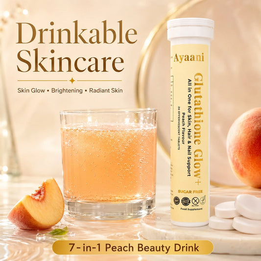 Ayaani Glutathione Glow+ Peach flavour effervescent beauty drink image highlighting drinkable skincare, skin glow, brightening and radiant skin support