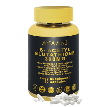 Ayaani S-Acetyl Glutathione 300mg bottle – premium antioxidant supplement for skin, liver health and immune support.