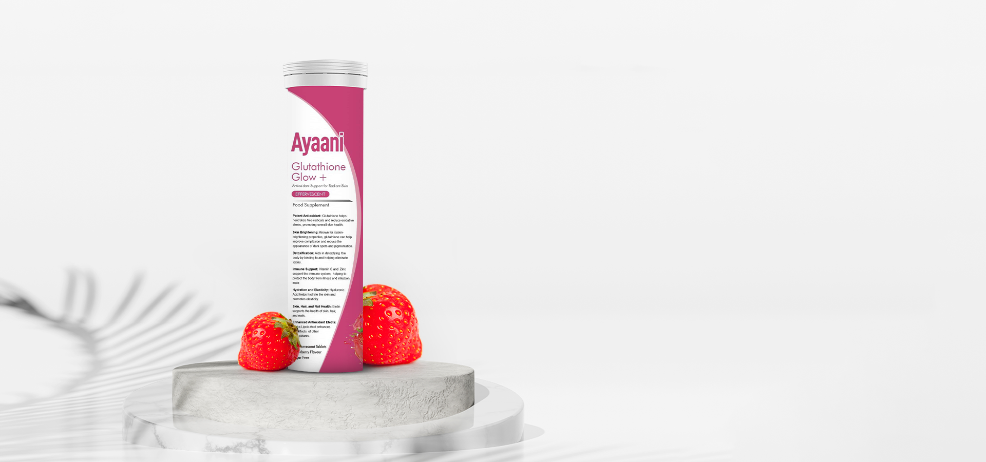 Key ingredients in Ayaani Glutathione Glow+ – Glutathione, Vitamin C, Zinc, Hyaluronic Acid, Biotin and Alpha Lipoic Acid.slider_item_9YDjzX