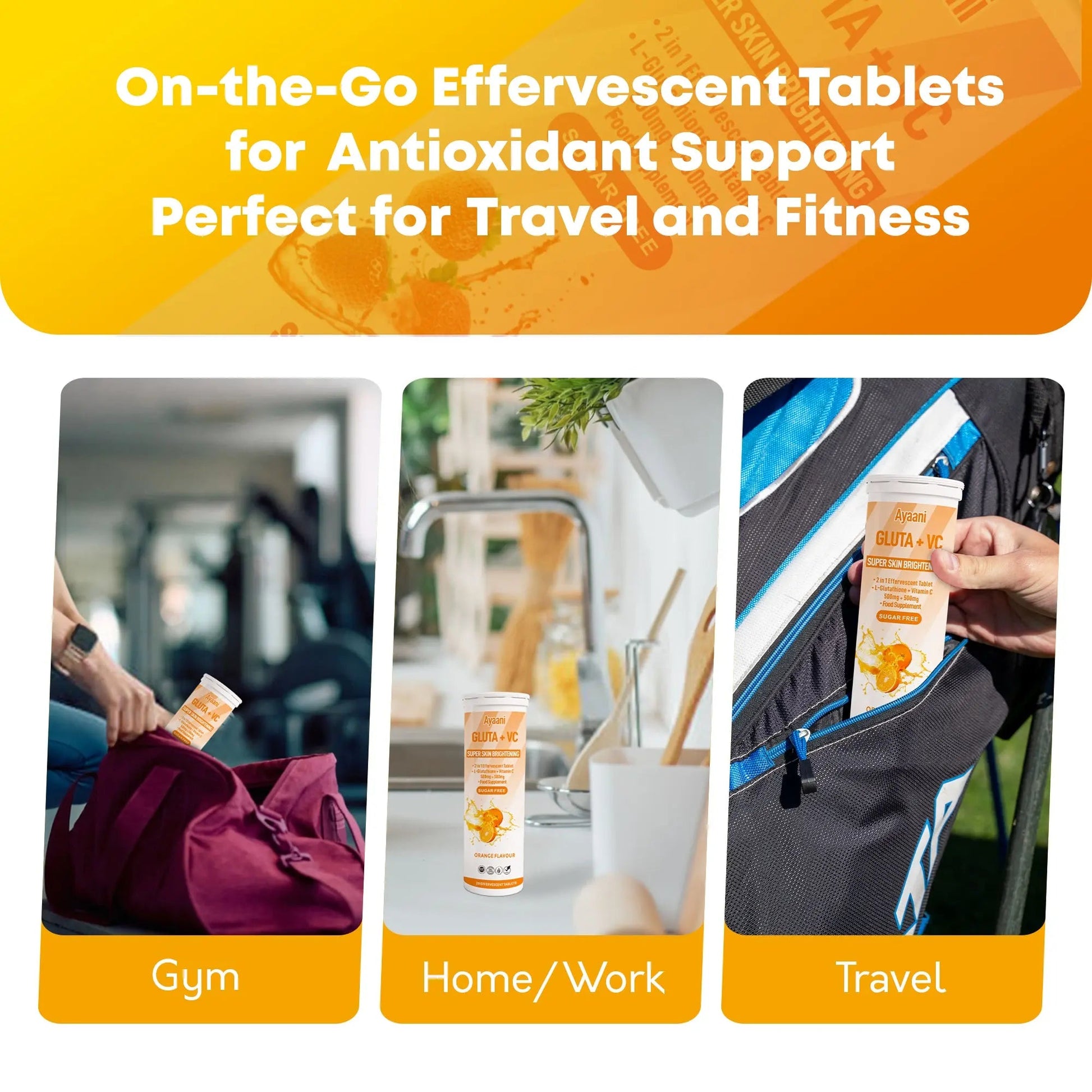 On-the-Go Effervescent Glutathione and Vitamin C Tablets for Gym, Work, and Travel Use