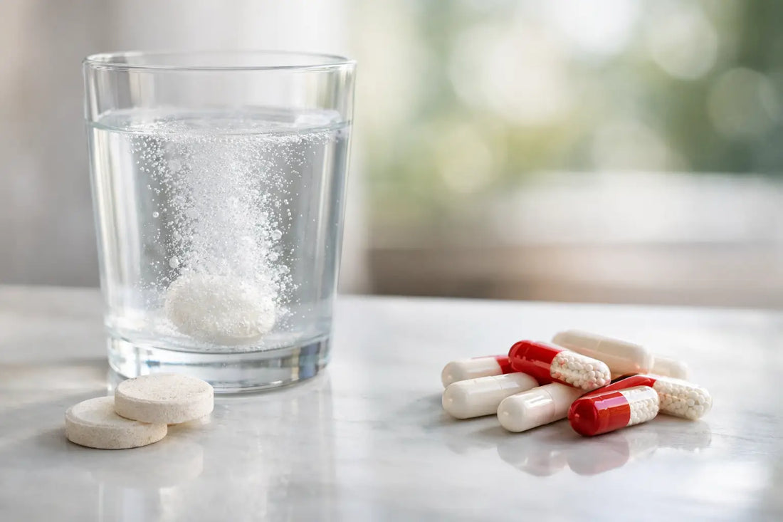 Effervescent supplement drink beside capsules in a daily wellness routine