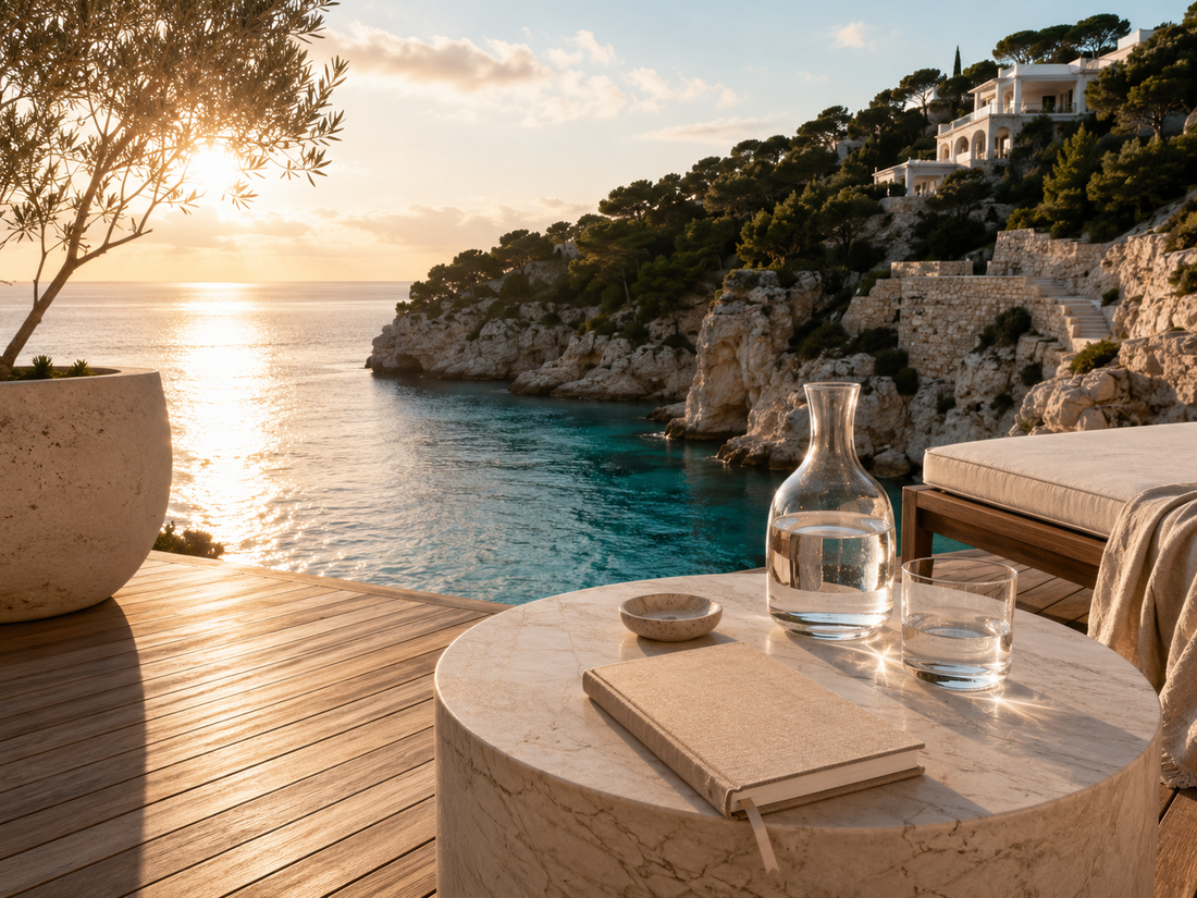 Luxury Mediterranean teak deck overlooking a turquoise cove at golden hour