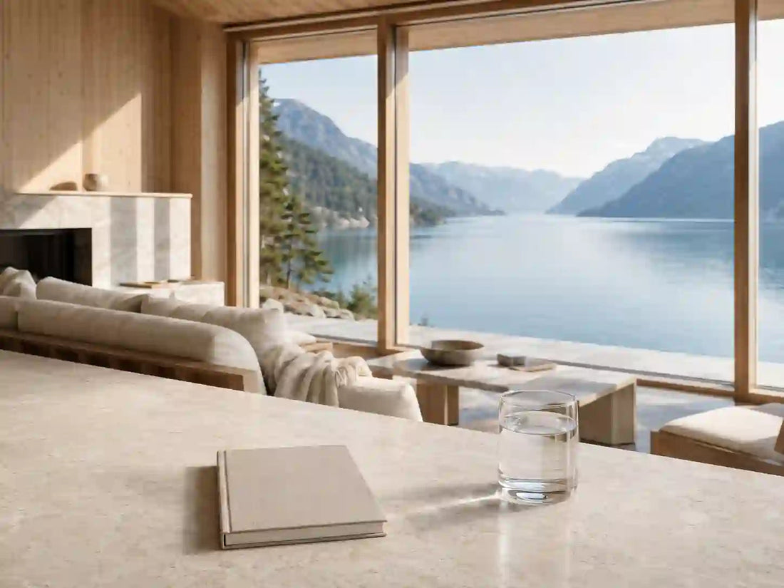Minimalist Nordic cabin overlooking a calm blue fjord in soft daylight