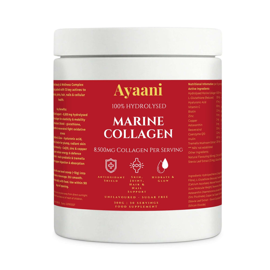 Ayaani marine collagen supplement container with red label on a white background