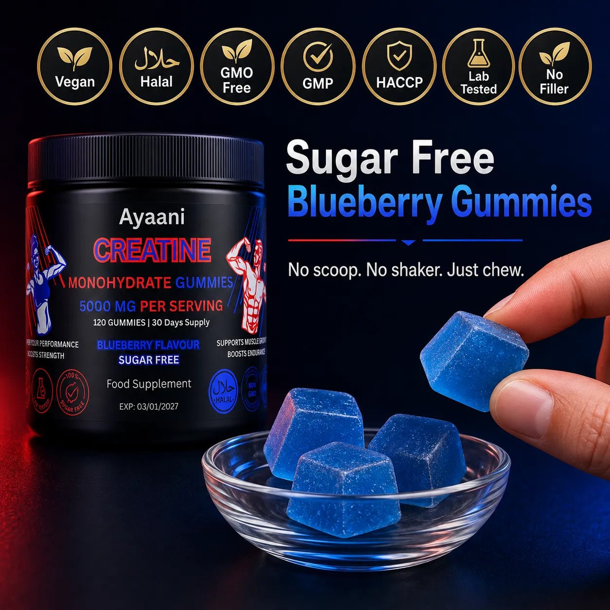 Creatine Gummies 5000mg | Sugar-Free Vegan with Alpha-GPC | Ayaani UK