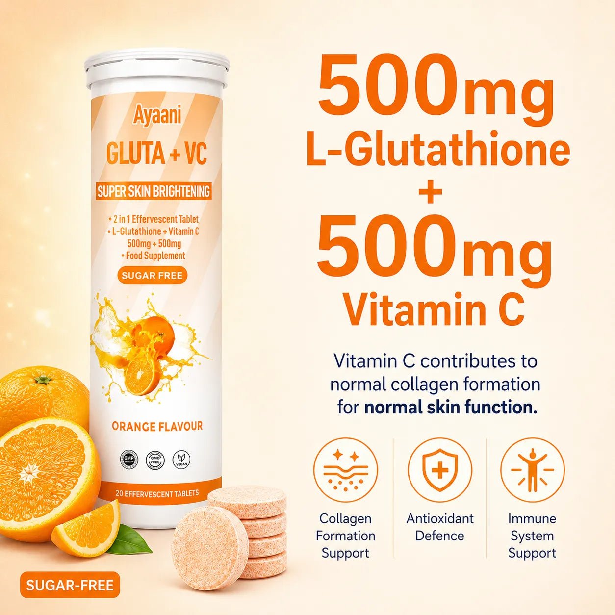Glutathione and Vitamin C Effervescent 1000mg | Orange Flavour