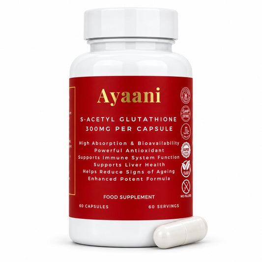 Ayaani S-Acetyl L-Glutathione 300mg vegan capsules bottle with capsule on white background