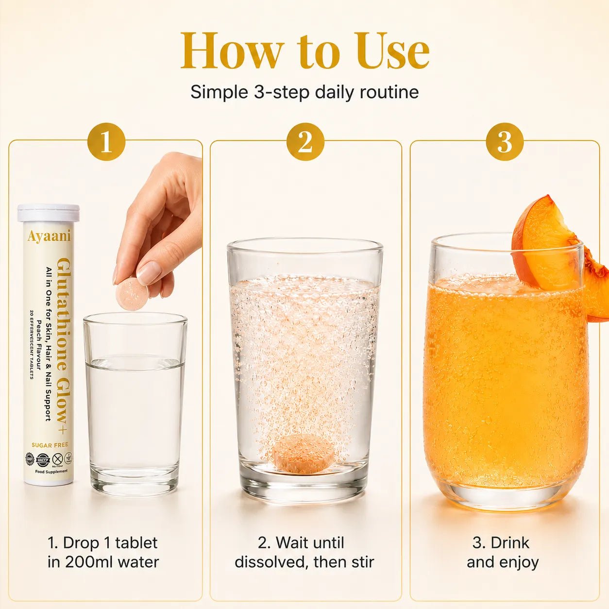 Glutathione Glow+ 1200mg Effervescent | Peach | Vitamin C & Hyaluronic Acid | Ayaani UK