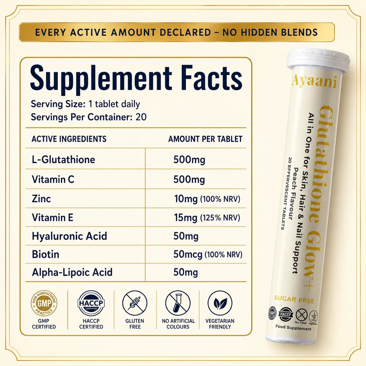 Glutathione Glow+ 1200mg Effervescent | Peach | Vitamin C & Hyaluronic Acid | Ayaani UK