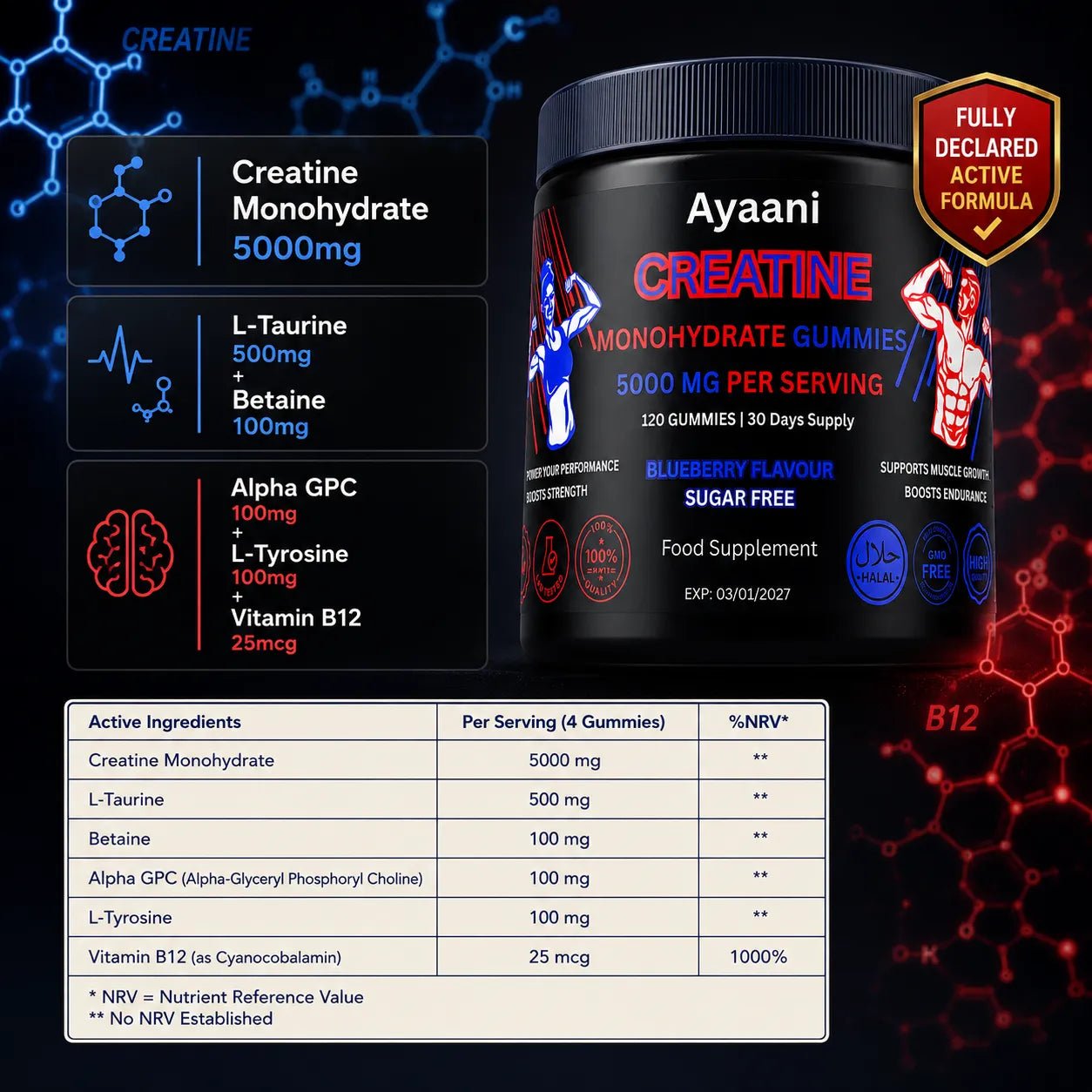 Creatine Gummies 5000mg | Sugar-Free Vegan with Alpha-GPC | Ayaani UK