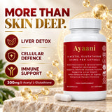 Ayaani S-Acetyl Glutathione 300mg highlighting liver detox, cellular defence and immune support