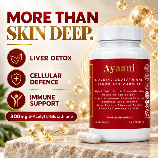 Ayaani S-Acetyl Glutathione 300mg highlighting liver detox, cellular defence and immune support