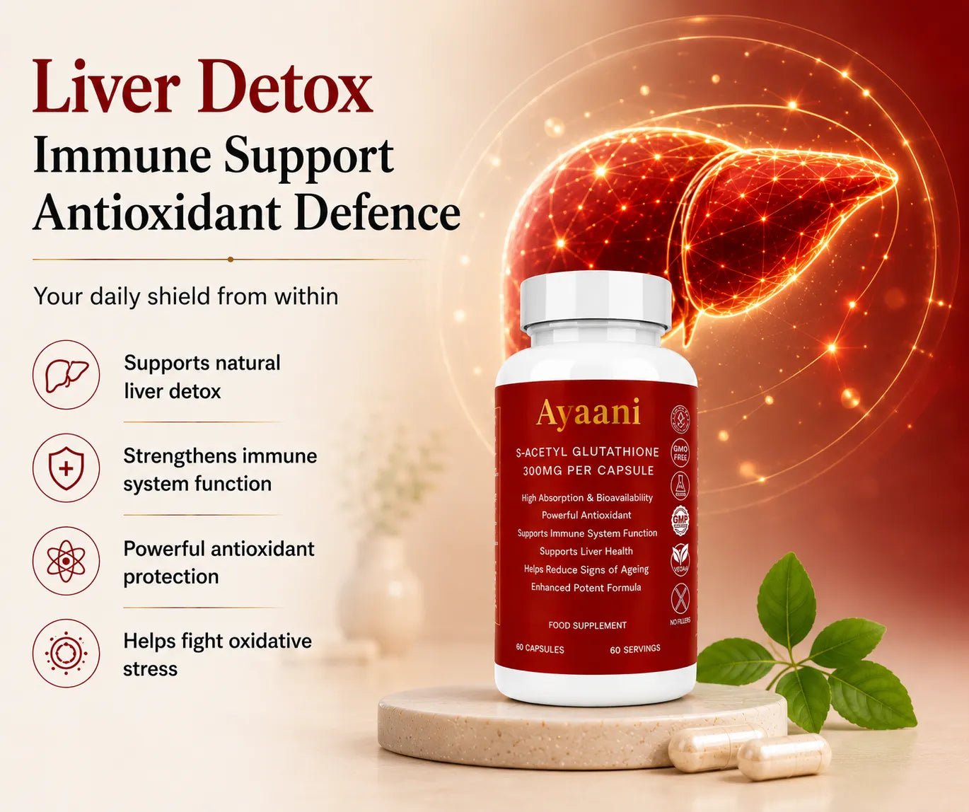 S-Acetyl Glutathione 300mg Supplement | 60 Vegan Capsules | Ayaani UK