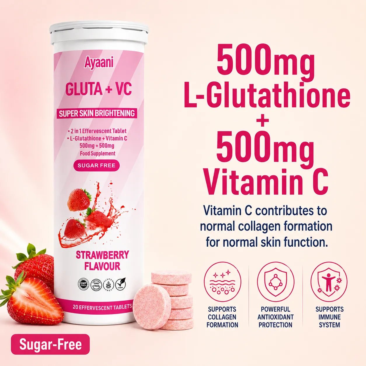 Glutathione and Vitamin C Skin Glow Effervescent | Strawberry Flavour