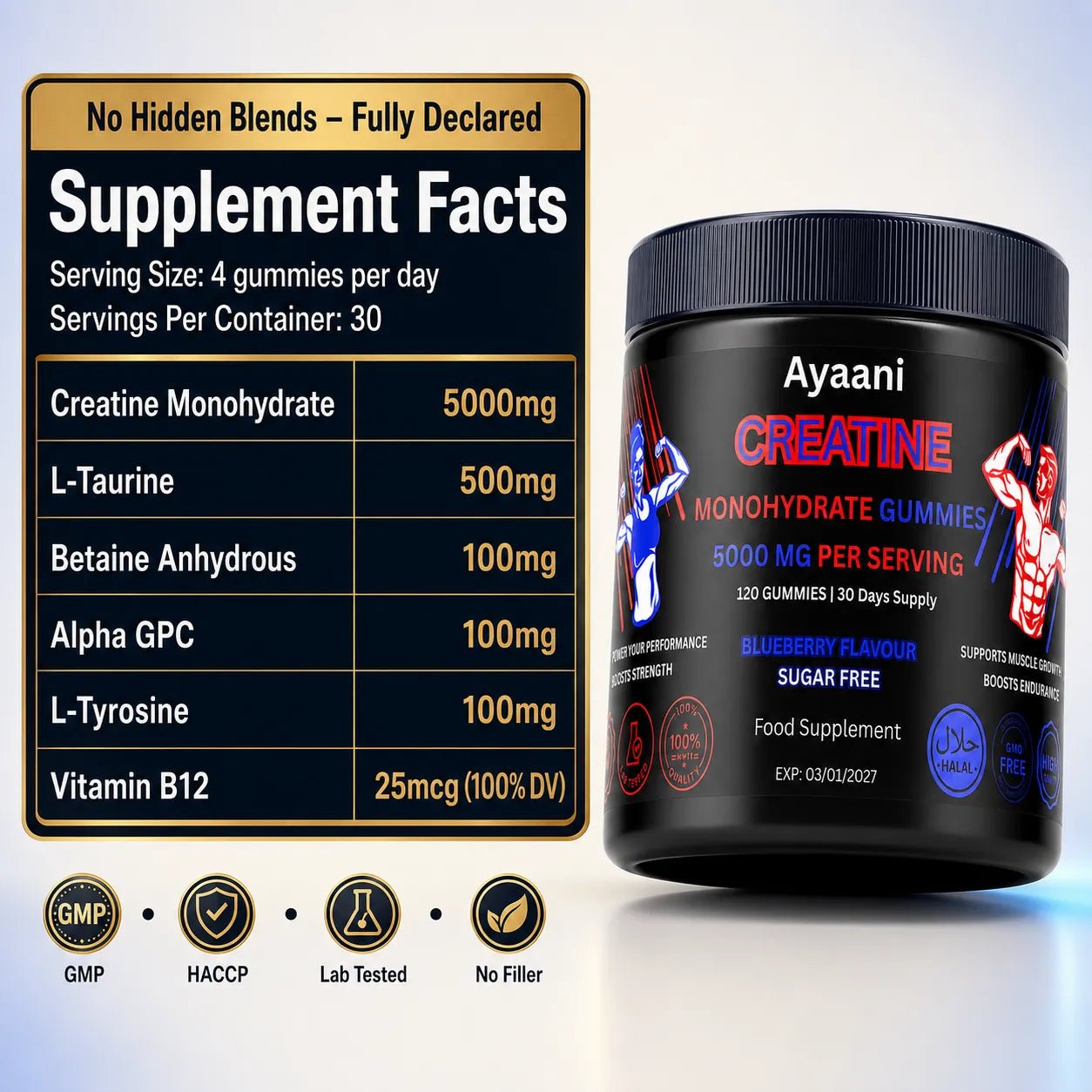 Creatine Gummies 5000mg | Sugar-Free Vegan with Alpha-GPC | Ayaani UK