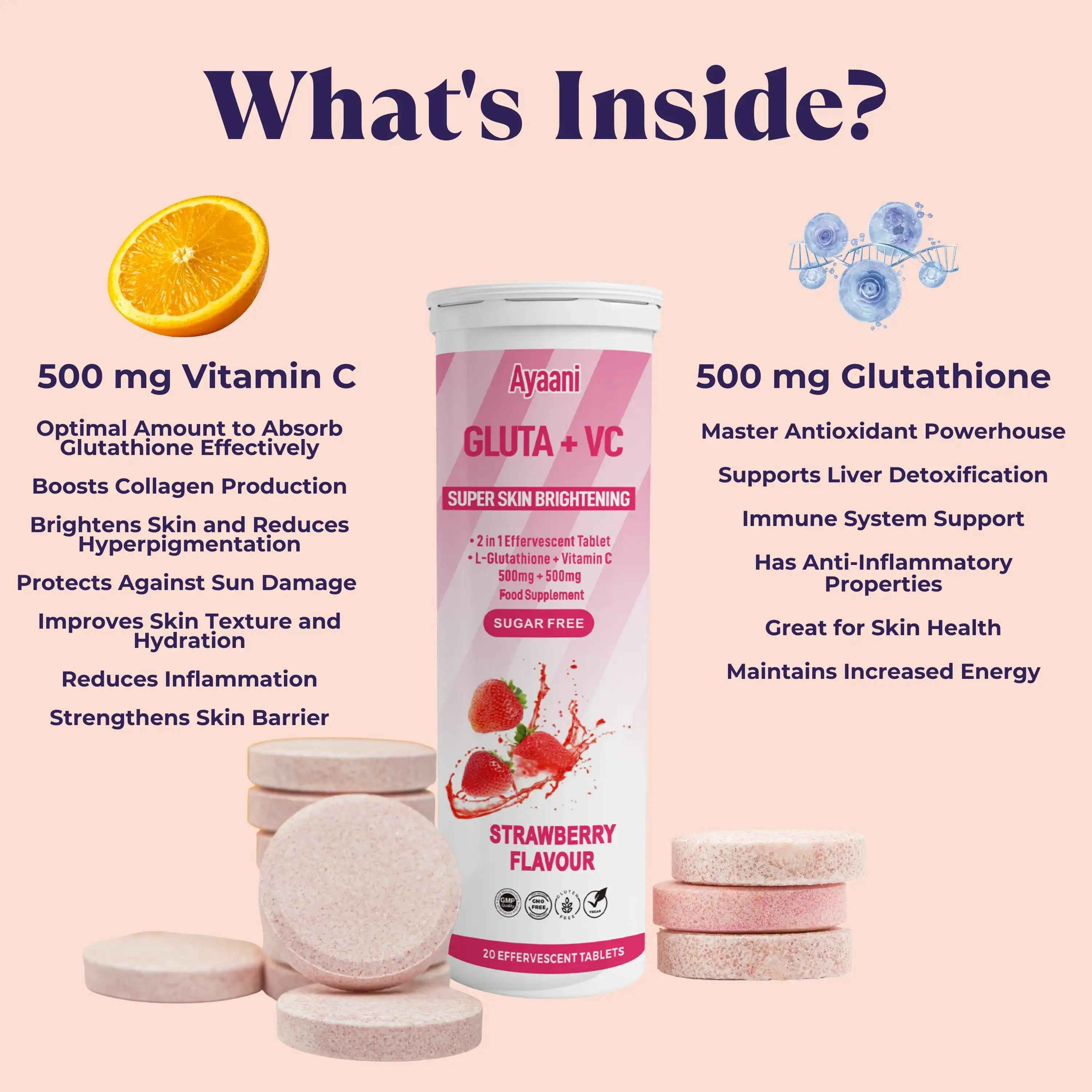 Glutathione 500mg & Vitamin C 500mg Effervescent Tablets – Strawberry Flavour – 20 Tablets