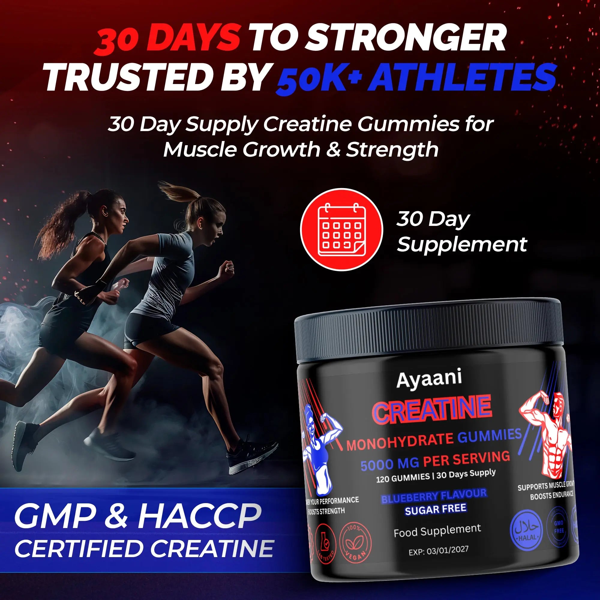 Ayaani Creatine Gummies with “30 Day Supply” badge – convenient one-month supply of sugar-free creatine support