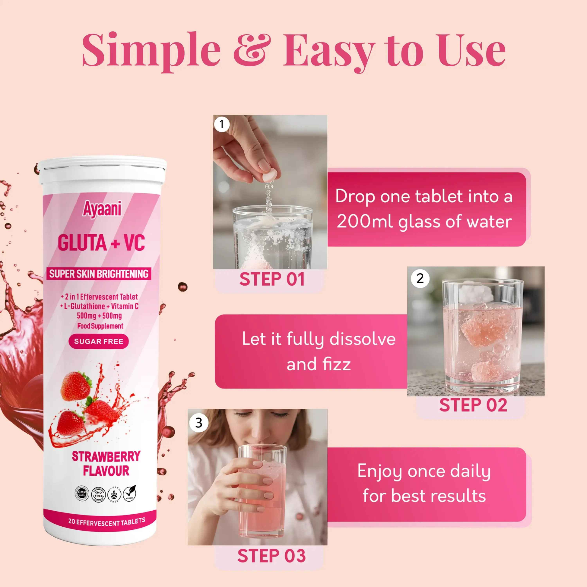 Glutathione 500mg & Vitamin C 500mg Effervescent Tablets – Strawberry Flavour – 20 Tablets