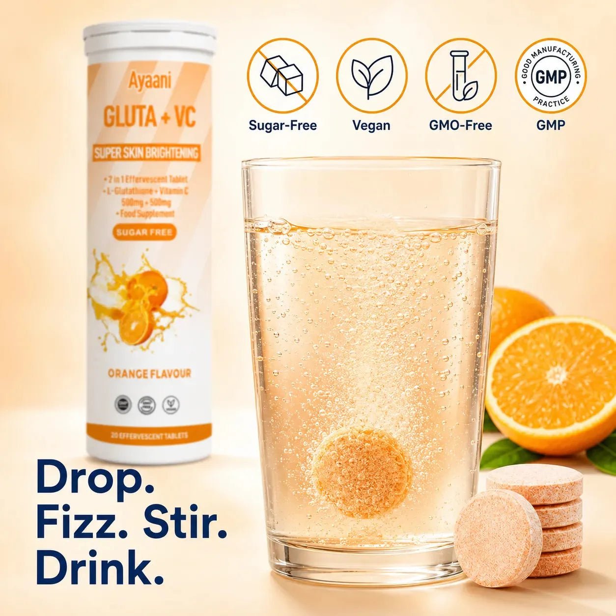 Glutathione and Vitamin C Effervescent 1000mg | Orange Flavour