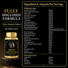 Ayaani Focus fully disclosed formula showing every active ingredient amount per serving with no hidden blend