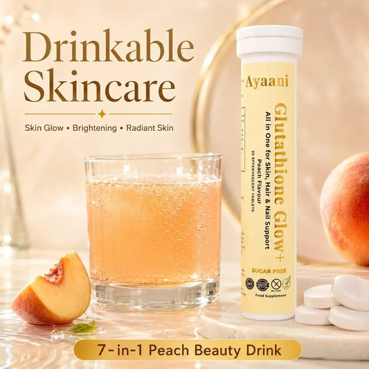 Glutathione Glow+ peach effervescent tablets with vitamin C and hyaluronic acid