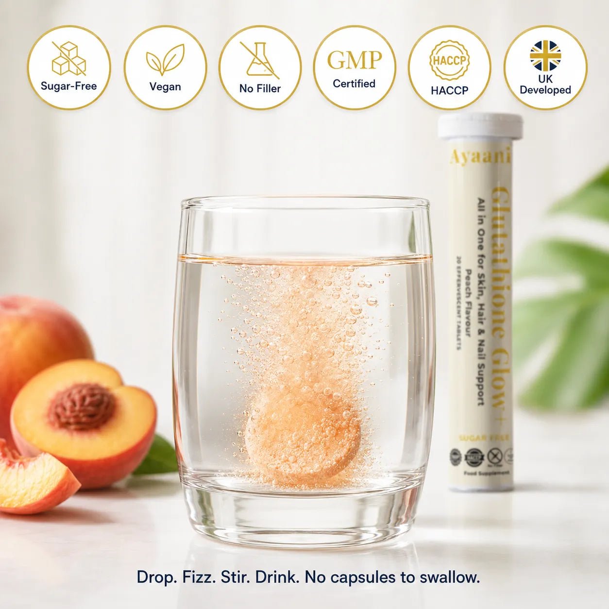 Glutathione Glow+ 1200mg Effervescent | Peach | Vitamin C & Hyaluronic Acid | Ayaani UK