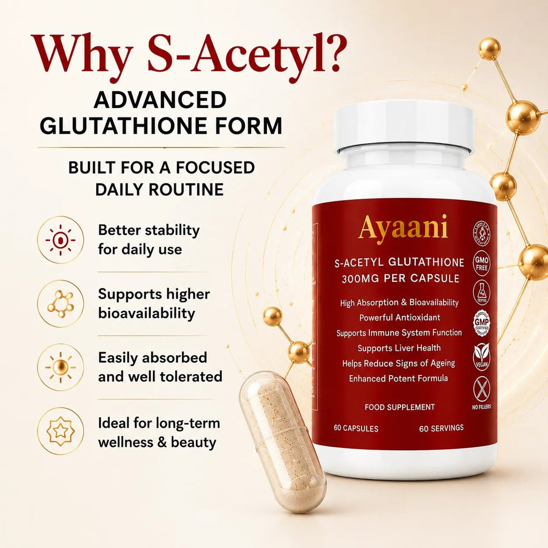 Ayaani S-Acetyl Glutathione 300mg vegan capsules front bottle image