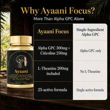Why Ayaani Focus comparison showing Alpha GPC 300mg, Citicoline 250mg, L-Theanine 200mg and a 25-active formula