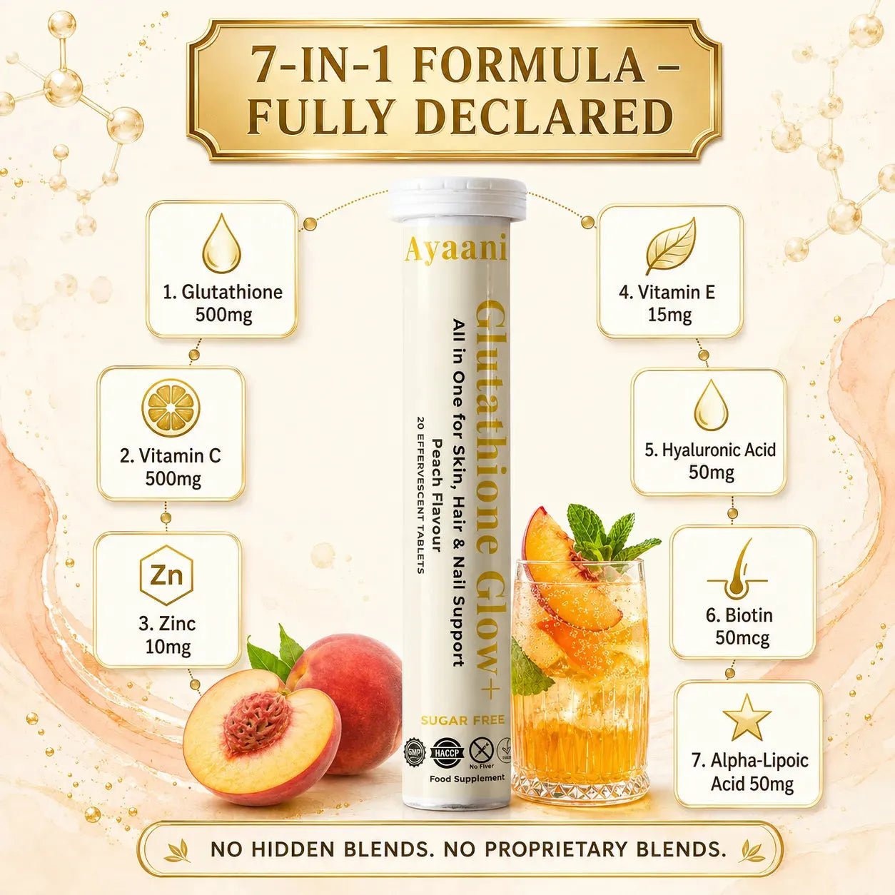 Glutathione Glow+ 1200mg Effervescent | Peach | Vitamin C & Hyaluronic Acid | Ayaani UK