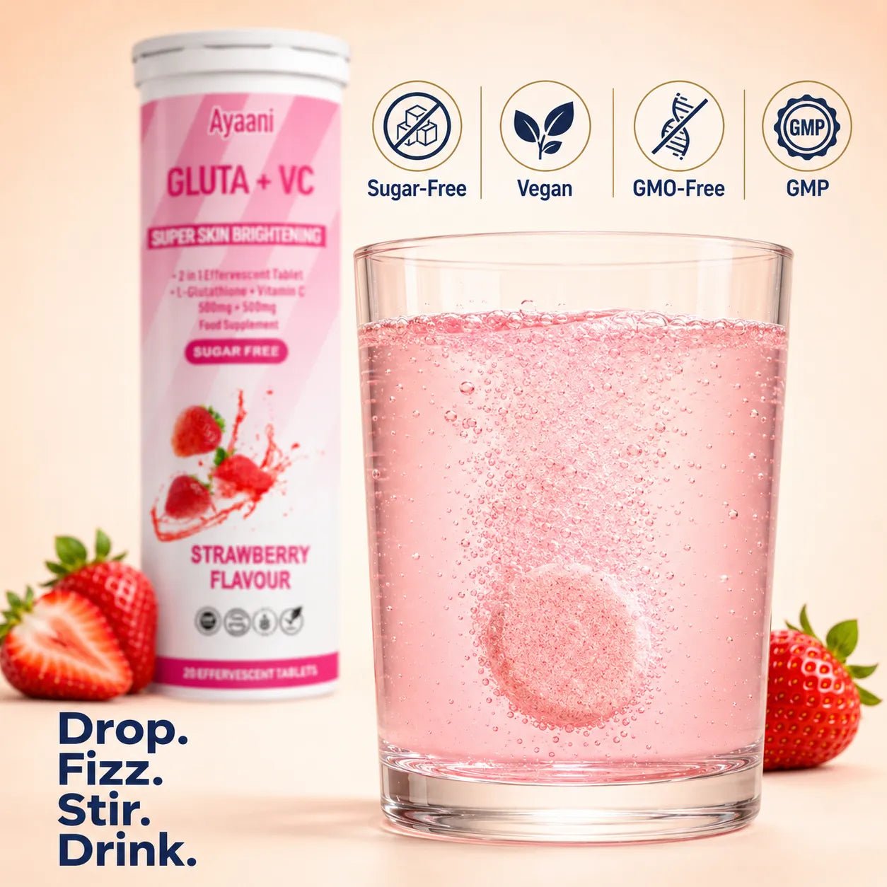 Glutathione and Vitamin C Skin Glow Effervescent | Strawberry Flavour