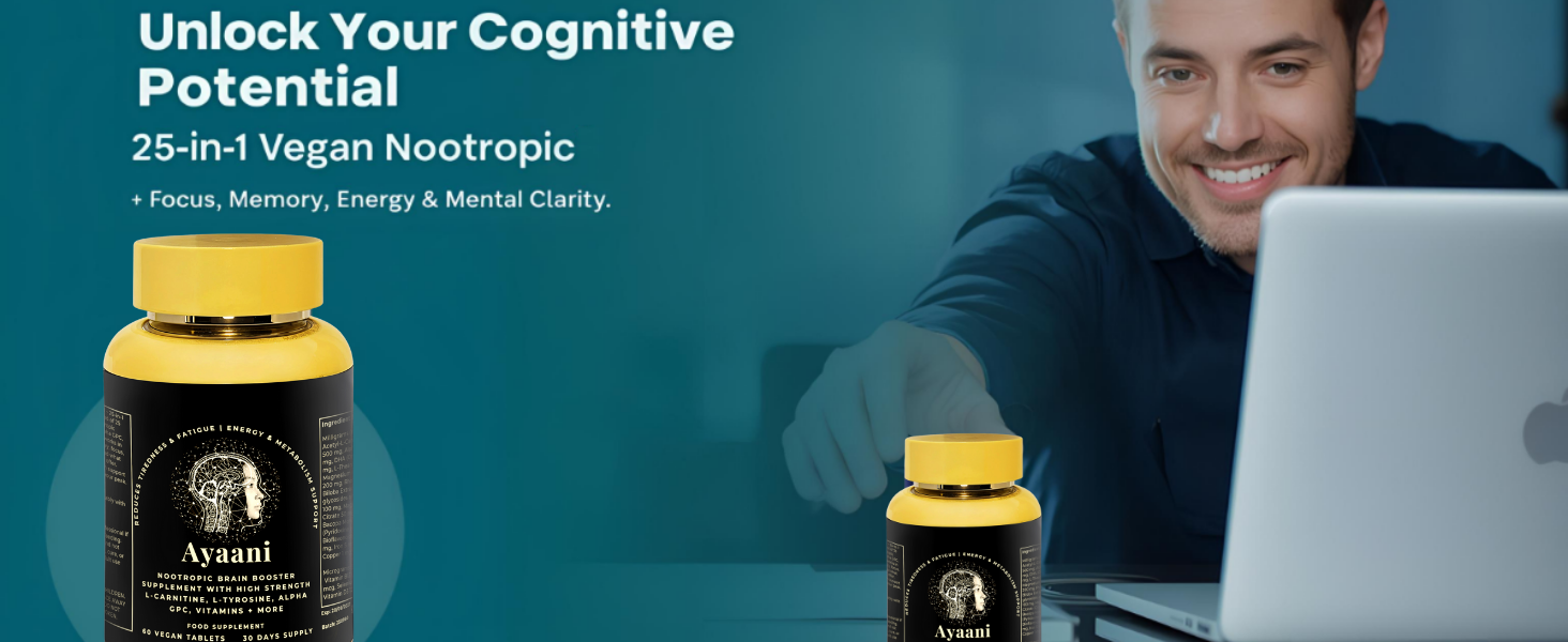 Focus Nootropic Brain – 60 Vegan Capsules | 25-Ingredient Blend | Ayaani
