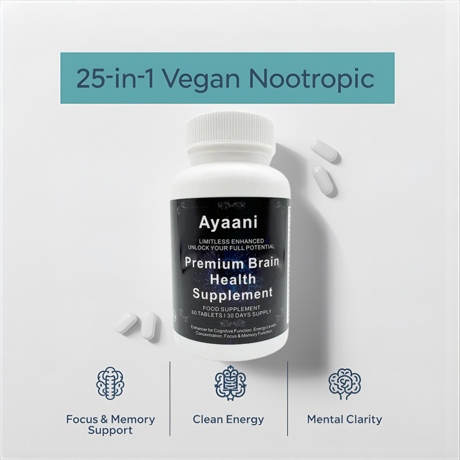 AYAANI Brain Focus Nootropic – 60 Vegan Capsules | 25-Ingredient Blend Ayaani
