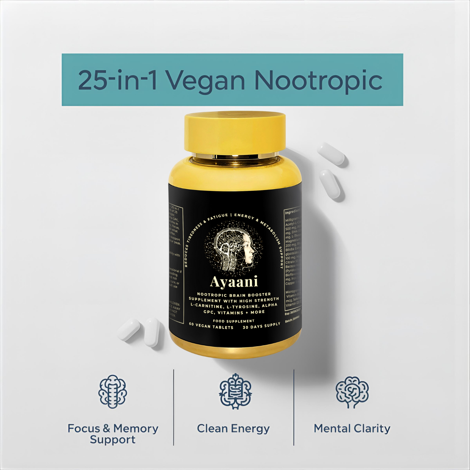Focus Nootropic Brain – 60 Vegan Capsules | 25-Ingredient Blend | Ayaani