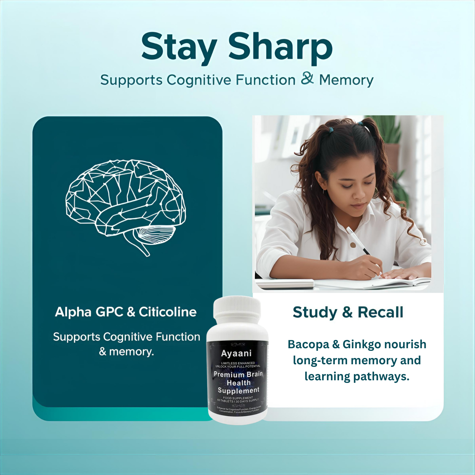 AYAANI Brain Focus Nootropic – 60 Vegan Capsules | 25-Ingredient Blend Ayaani