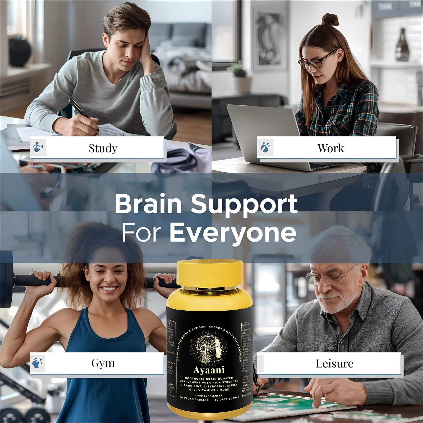 Focus Nootropic Brain – 60 Vegan Capsules | 25-Ingredient Blend | Ayaani