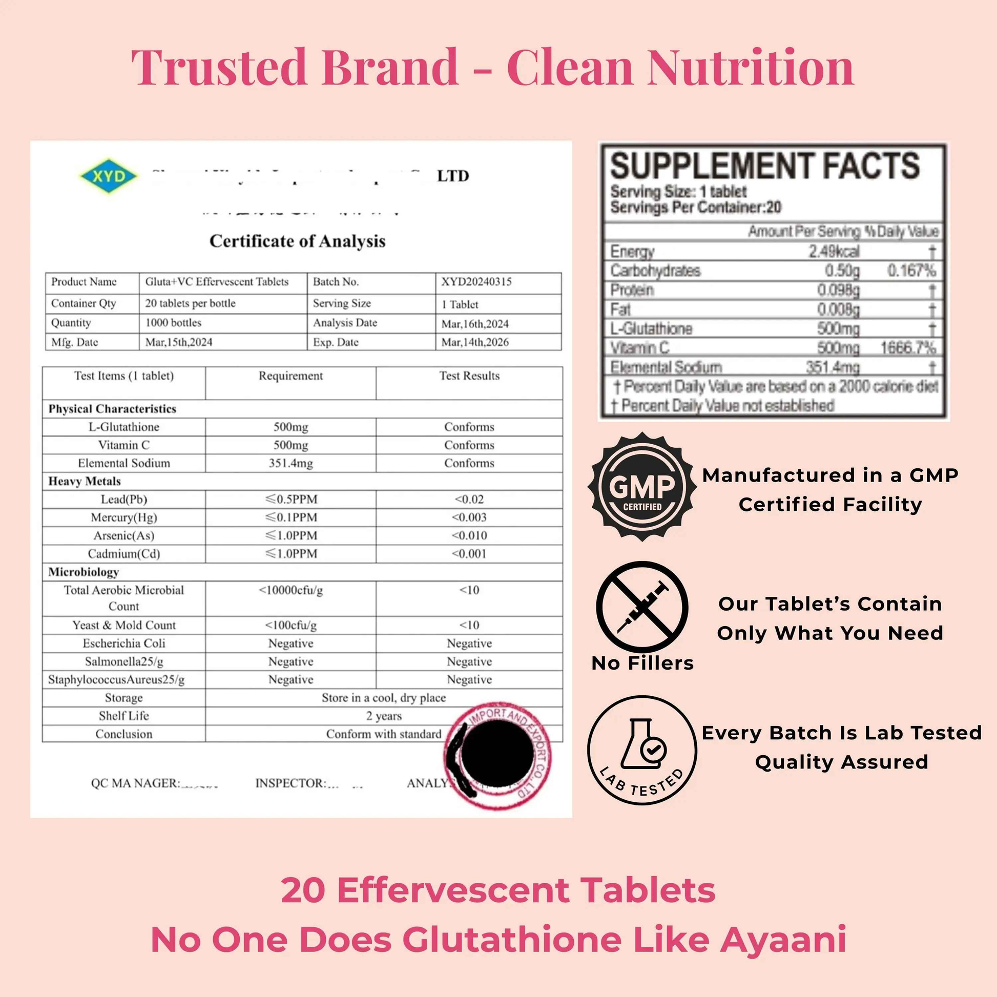 Glutathione 500mg & Vitamin C 500mg Effervescent Tablets – Strawberry Flavour – 20 Tablets