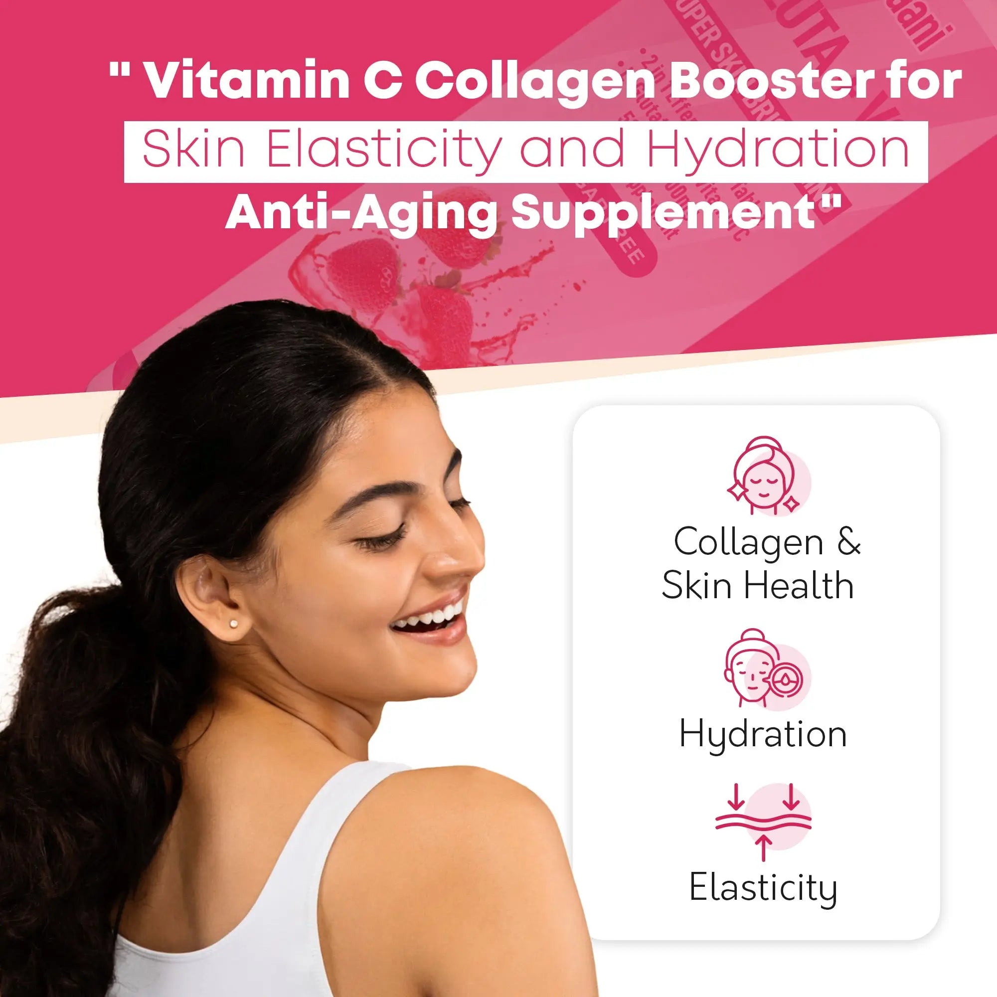 Ayaani strawberry flavour glutathione vitamin C effervescent tablets packaging with drink splash.