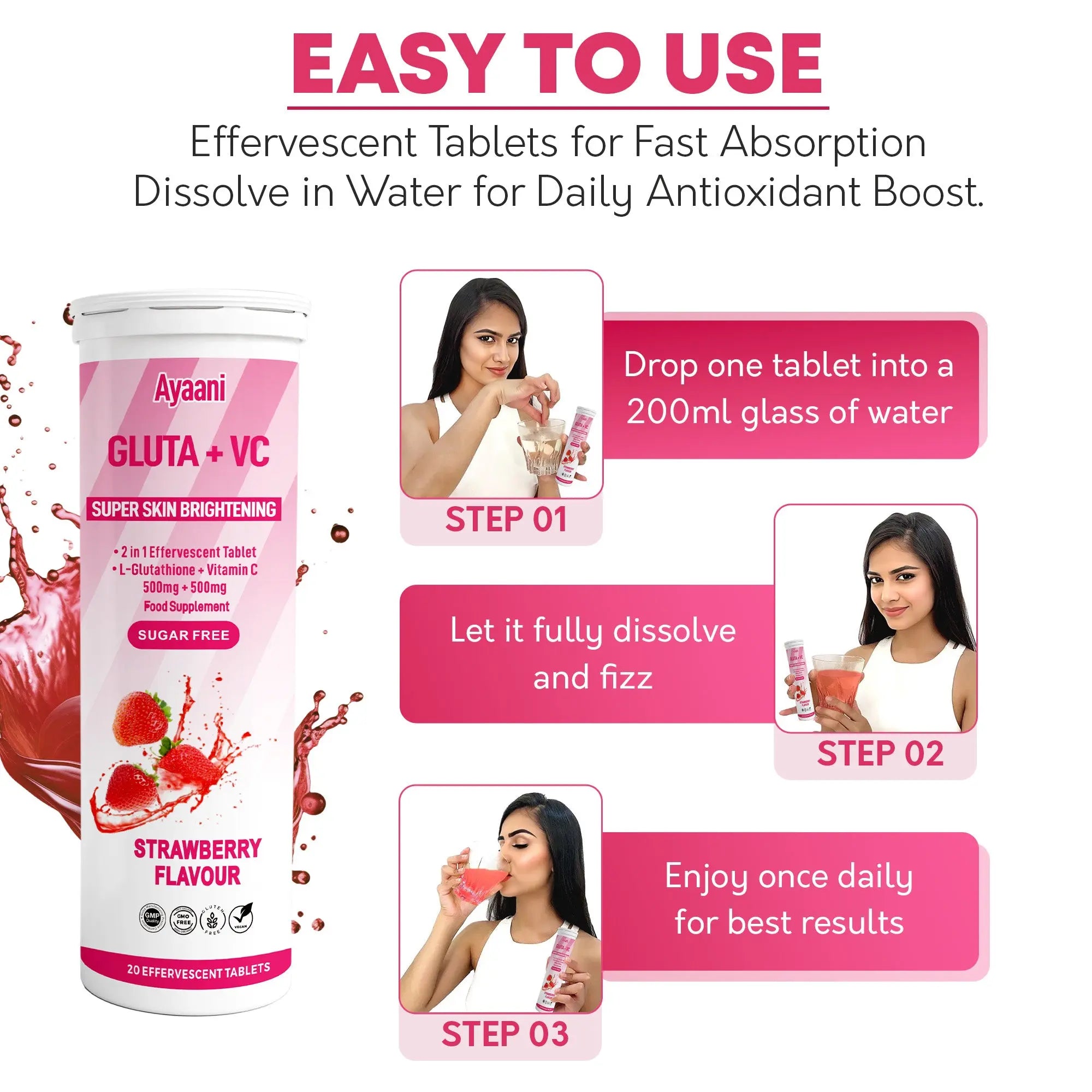 Step-by-step guide showing how to dissolve strawberry glutathione vitamin C tablet in water for daily antioxidant boost.