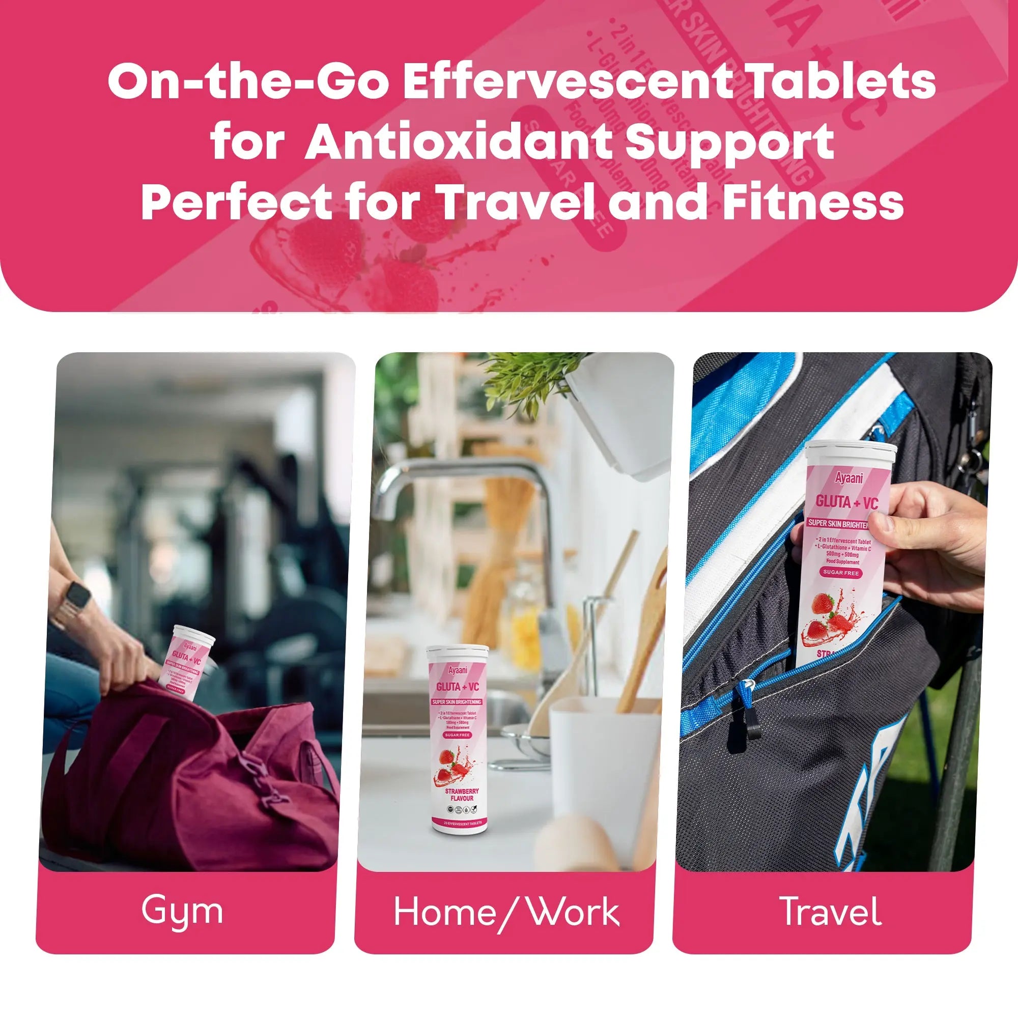 Tube and glass of Ayaani strawberry glutathione and vitamin C effervescent tablets with fresh strawberries.