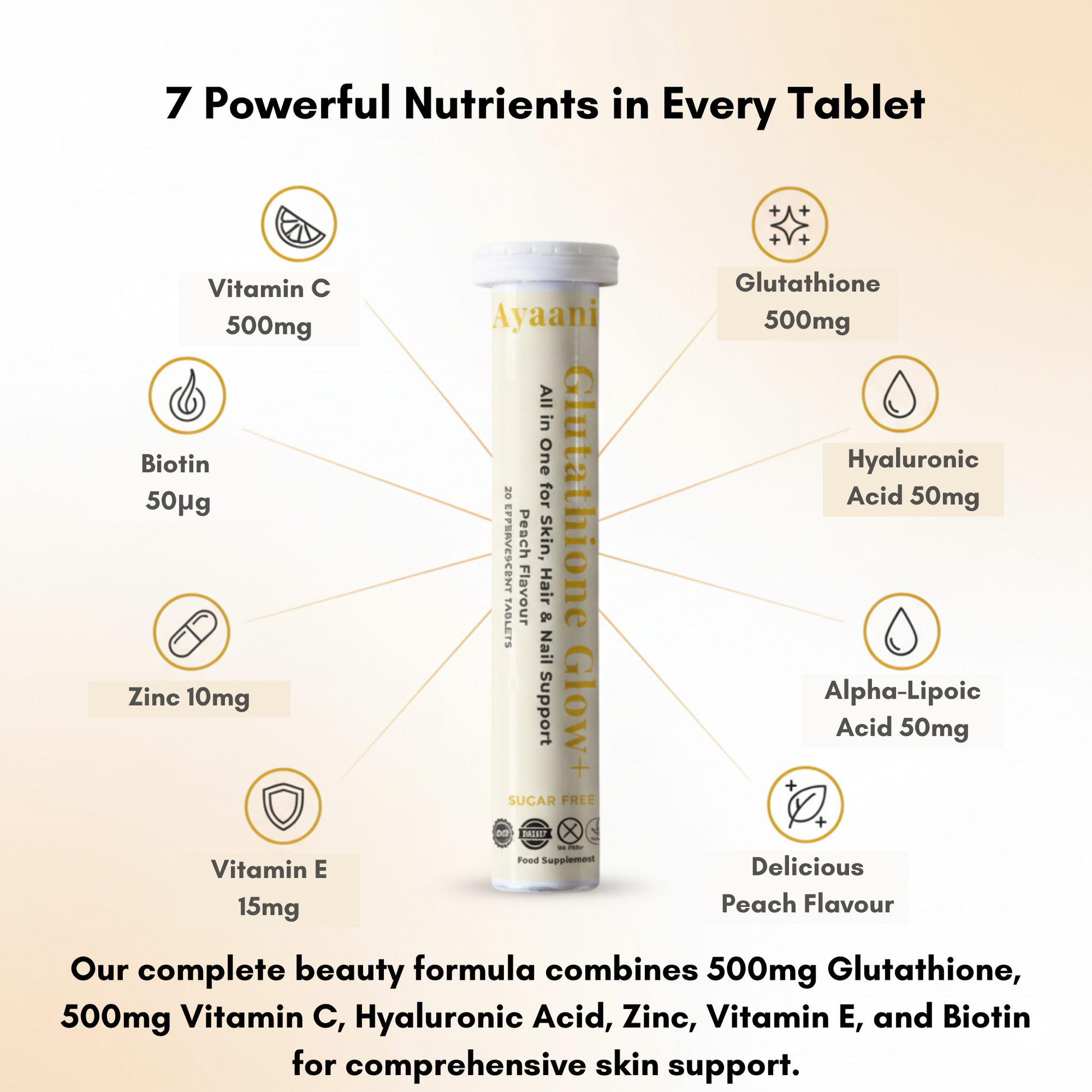 Ayaani Glutathione Glow+ 1200 mg – Peach Flavour Effervescent Beauty Tablets with Vitamin C, Hyaluronic Acid & Alpha‑Lipoic Acid – Skin Care, Hydration & Immune Support – 20 Tablets - Ayaani