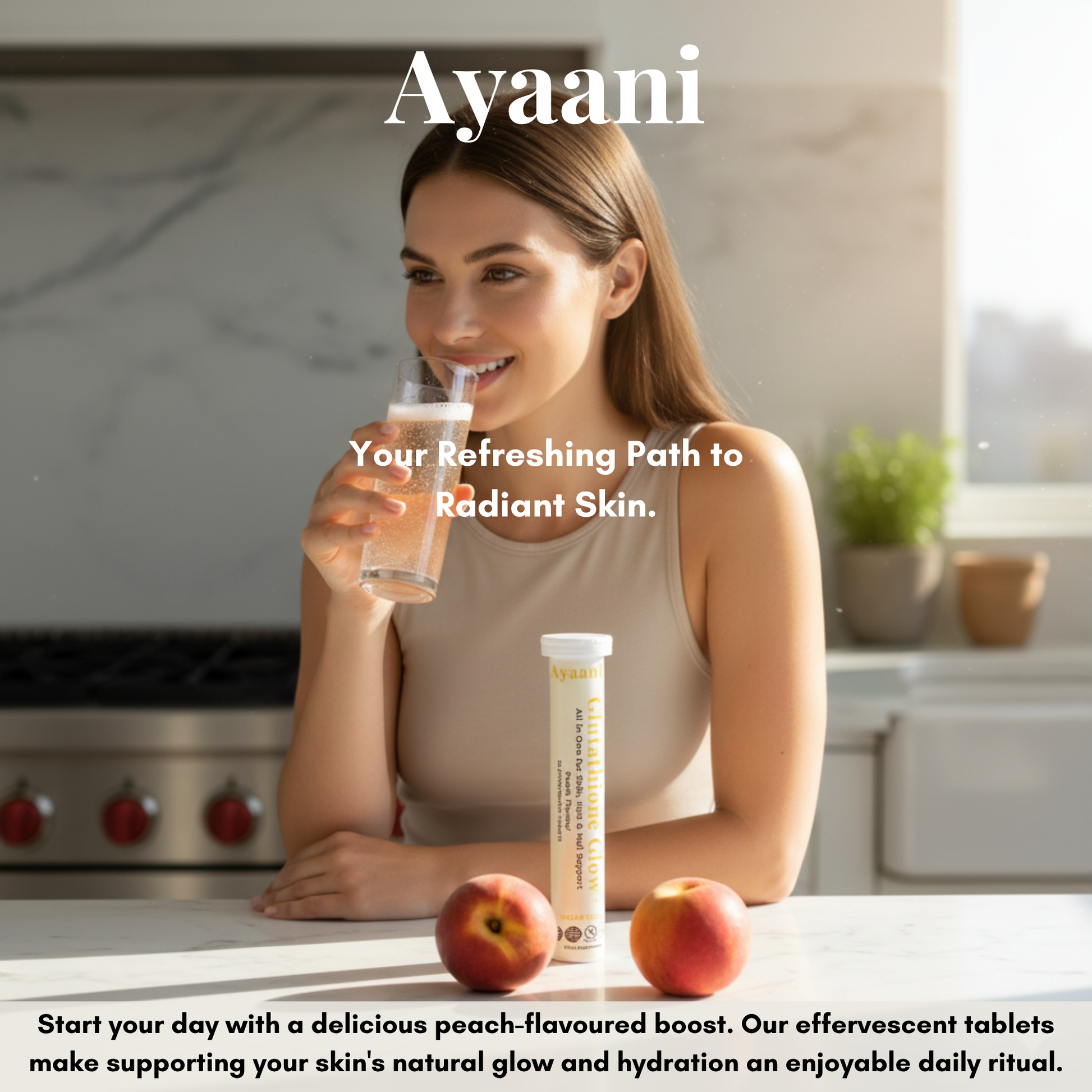 Ayaani Glutathione Glow+ 1200 mg – Peach Flavour Effervescent Beauty Tablets with Vitamin C, Hyaluronic Acid & Alpha‑Lipoic Acid – Skin Care, Hydration & Immune Support – 20 Tablets - Ayaani