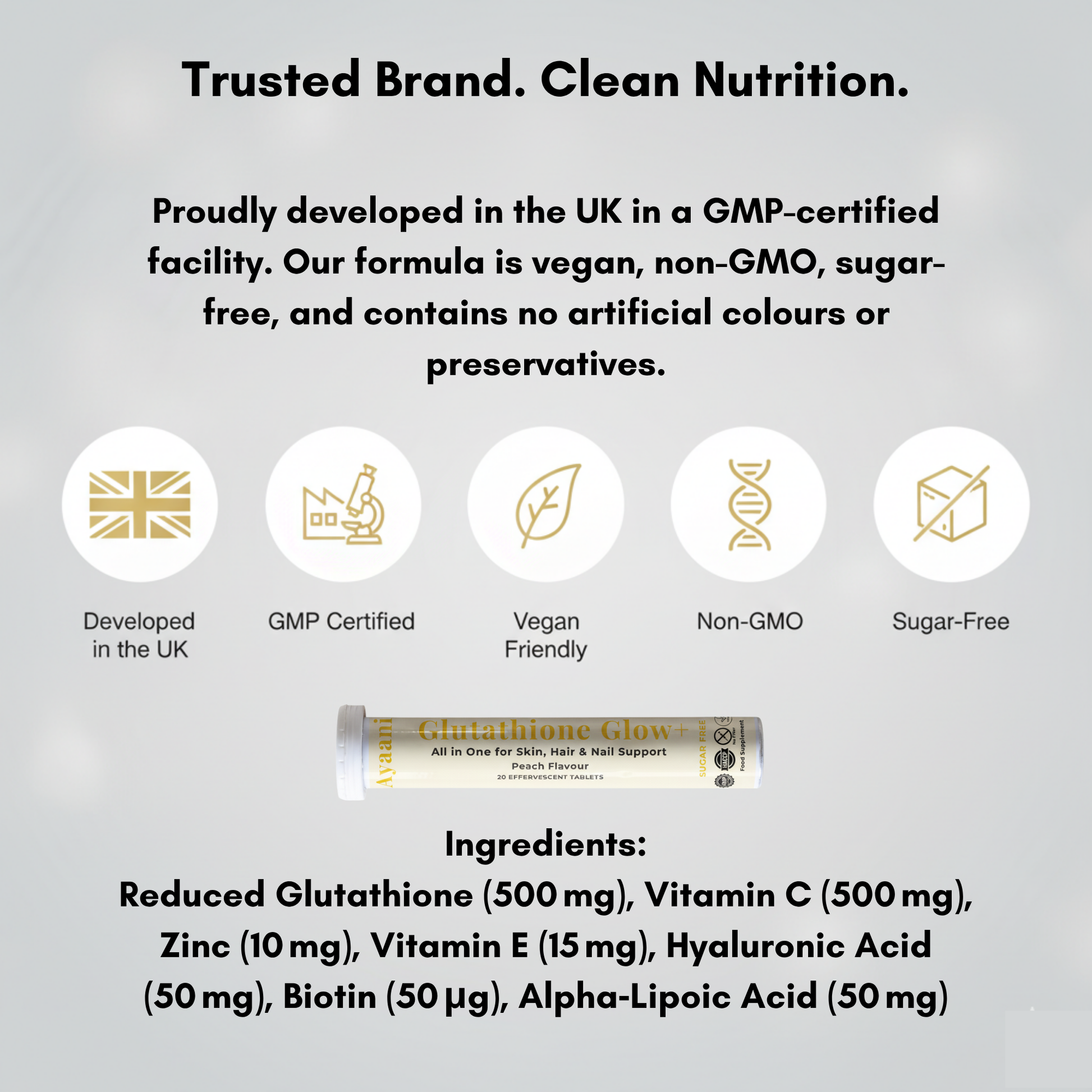 Ayaani Glutathione Glow+ 1200 mg – Peach Flavour Effervescent Beauty Tablets with Vitamin C, Hyaluronic Acid & Alpha‑Lipoic Acid – Skin Care, Hydration & Immune Support – 20 Tablets - Ayaani