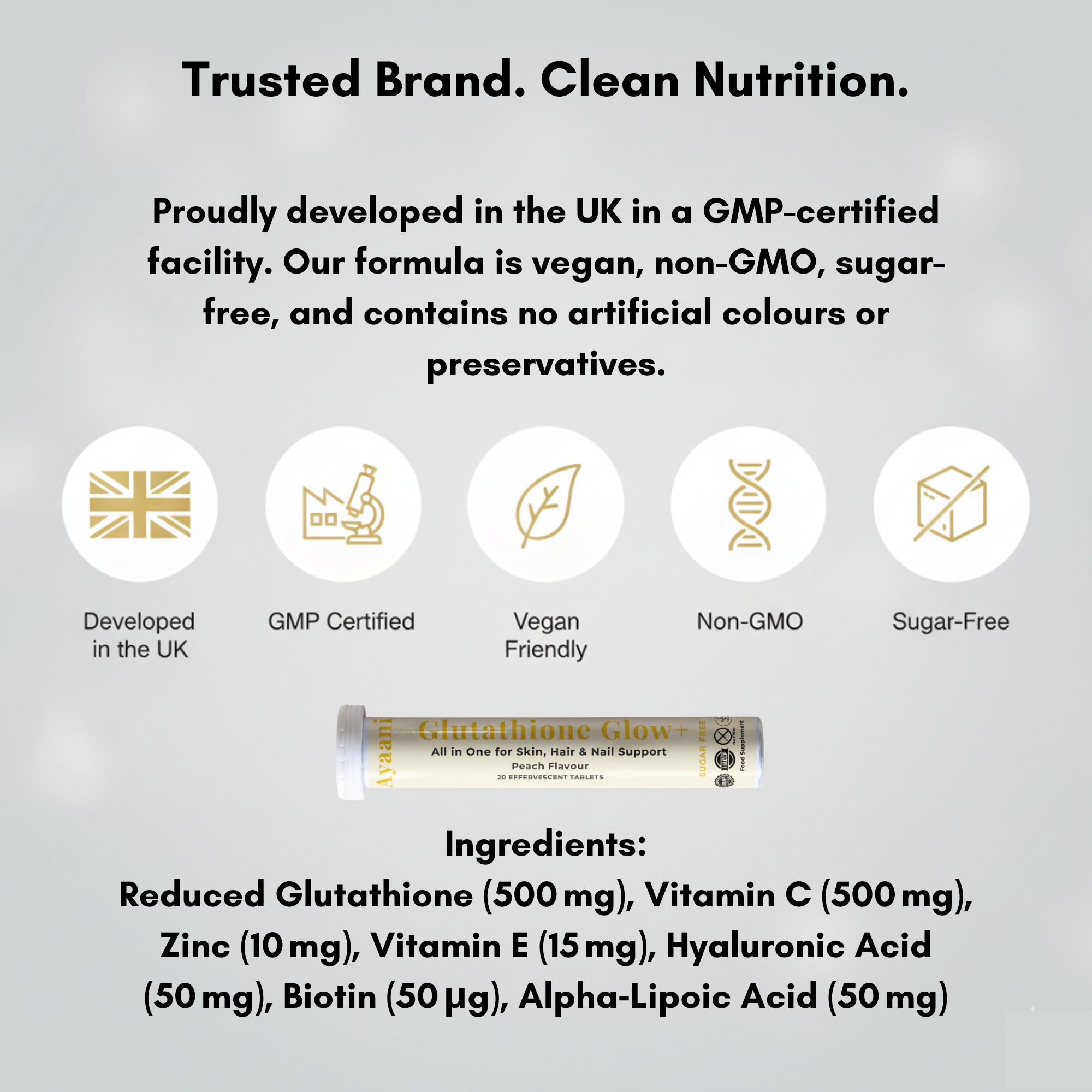 Ayaani Glutathione Glow+ 1200 mg – Peach Flavour Effervescent Beauty Tablets with Vitamin C, Hyaluronic Acid & Alpha‑Lipoic Acid – Skin Care, Hydration & Immune Support – 20 Tablets - Ayaani