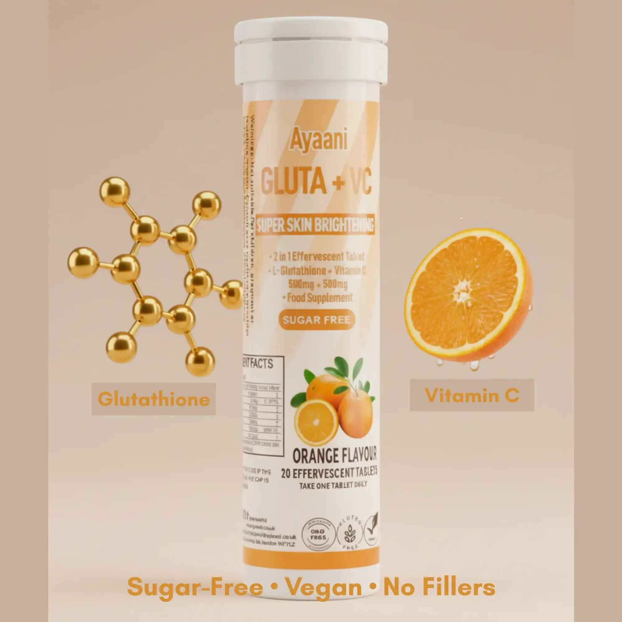 Glutathione 500mg & Vitamin C 500mg Effervescent Tablets – Orange Flavour – 20 Tablets