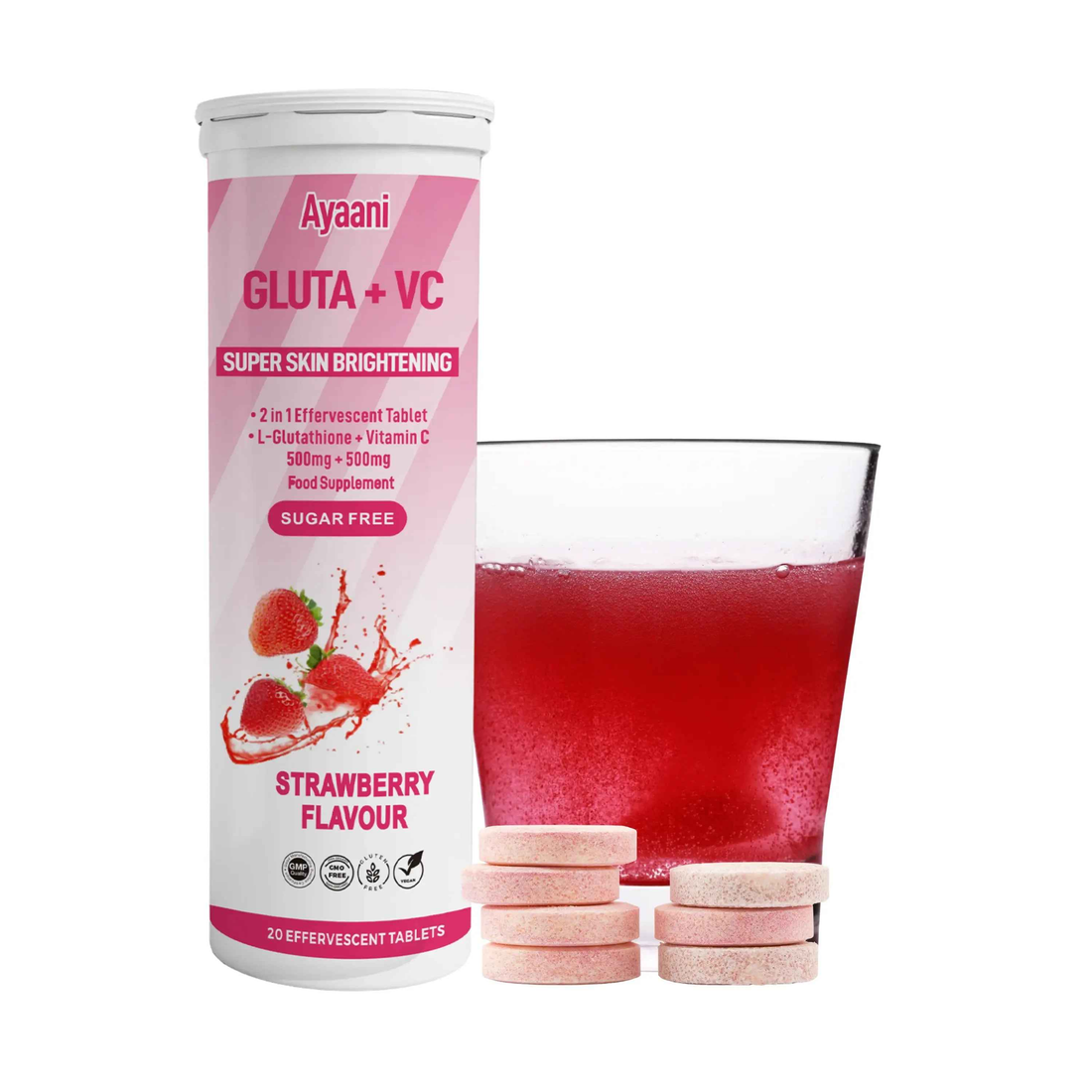 Glutathione 500mg & Vitamin C 500mg Effervescent Tablets – Strawberry Flavour – 20 Tablets