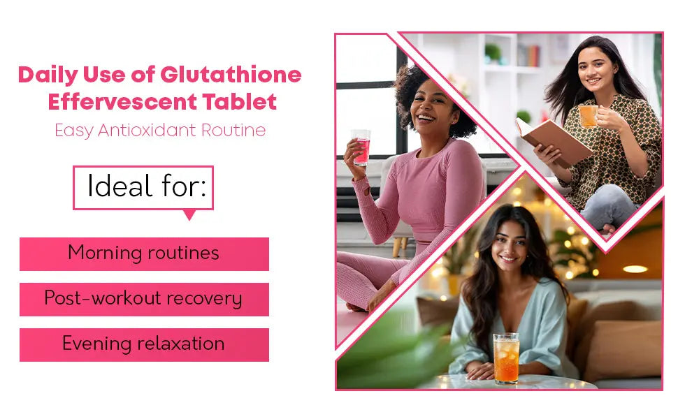 Strawberry glutathione and vitamin C effervescent tablets shown at gym, home, and travel bag for convenient daily use.