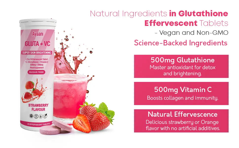 Six key benefits of vegan strawberry glutathione vitamin C tablets including antioxidants, collagen support and hydration.