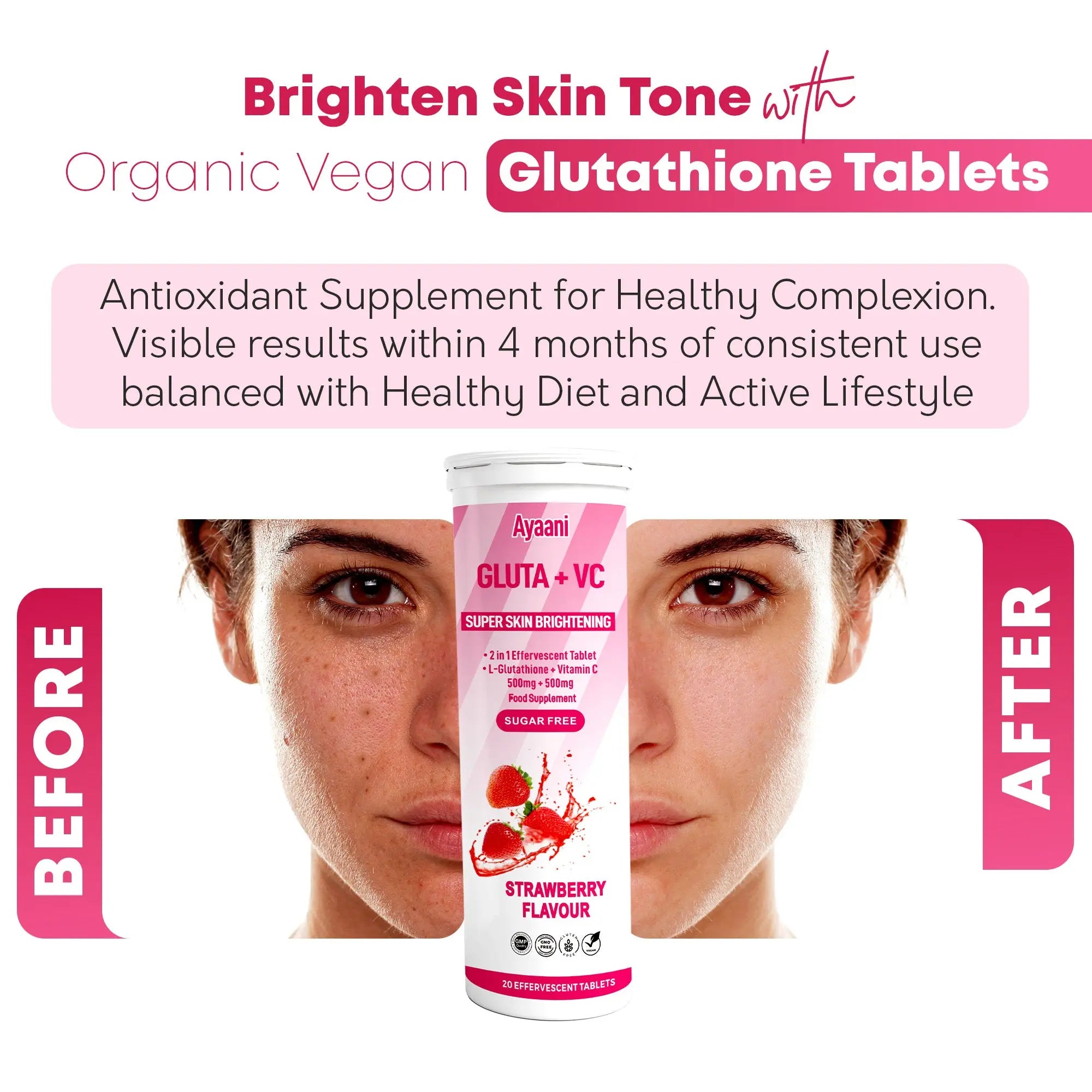 Smiling woman with glowing skin highlighting collagen, hydration and elasticity benefits of strawberry glutathione vitamin C tablets.